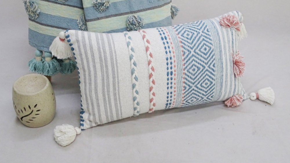 14" X 24" Blue And Pink Ribbed Zippered Handmade Cotton Blend Throw Pillow With Tassels — view 6