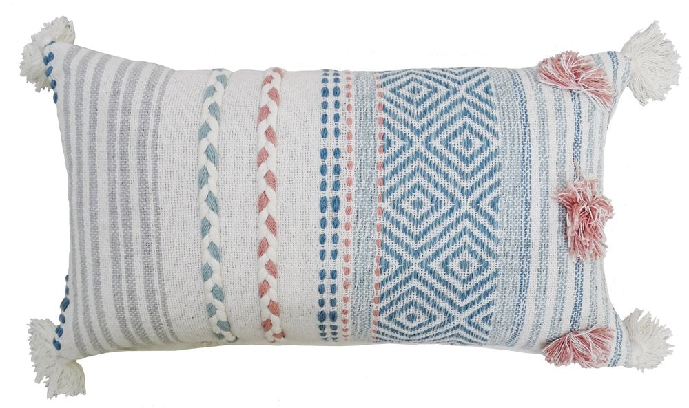 14" X 24" Blue And Pink Ribbed Zippered Handmade Cotton Blend Throw Pillow With Tassels — view 2