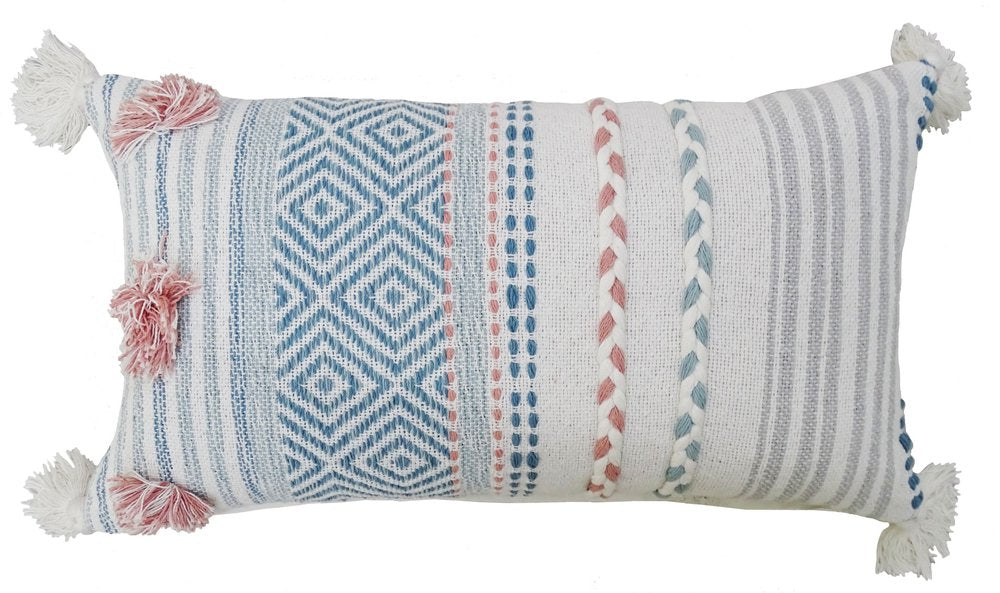 14" X 24" Blue And Pink Ribbed Zippered Handmade Cotton Blend Throw Pillow With Tassels — view 3