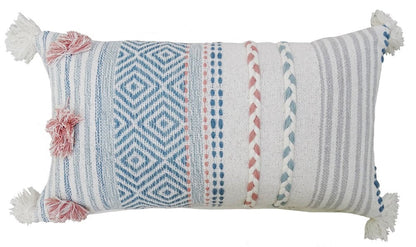 14" X 24" Blue And Pink Ribbed Zippered Handmade Cotton Blend Throw Pillow With Tassels