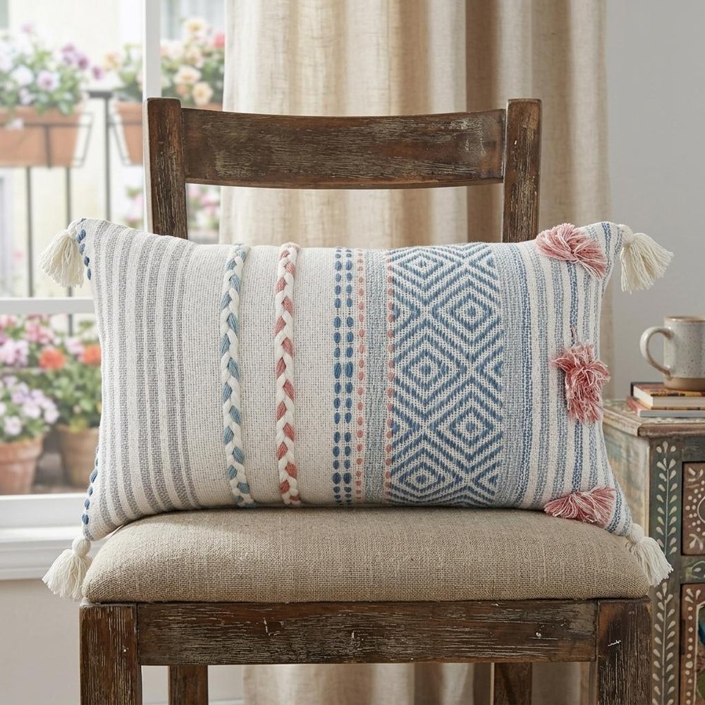 14" X 24" Blue And Pink Ribbed Zippered Handmade Cotton Blend Throw Pillow With Tassels