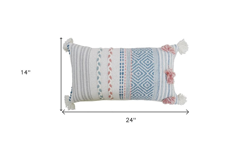 14" X 24" Blue And Pink Ribbed Zippered Handmade Cotton Blend Throw Pillow With Tassels — view 7