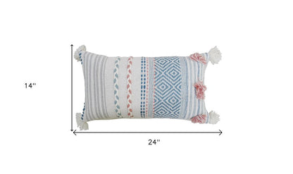 14" X 24" Blue And Pink Ribbed Zippered Handmade Cotton Blend Throw Pillow With Tassels