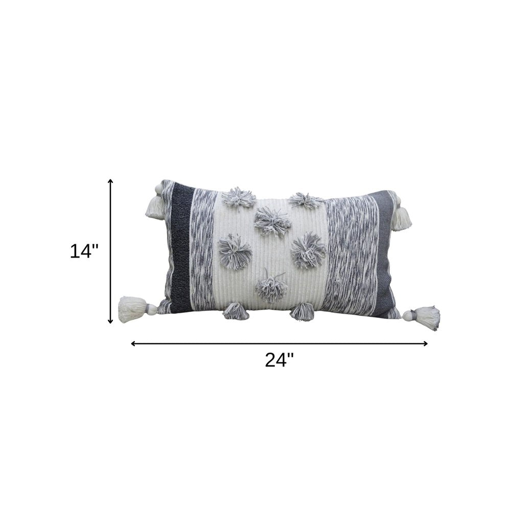 14" X 24" White and Gray Striped Cotton Blend Lumbar Throw Pillow With Pom-poms and Tassels