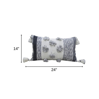 14" X 24" White and Gray Striped Cotton Blend Lumbar Throw Pillow With Pom-poms and Tassels
