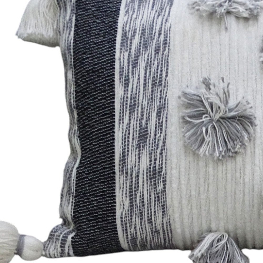 14" X 24" White and Gray Striped Cotton Blend Lumbar Throw Pillow With Pom-poms and Tassels — view 4