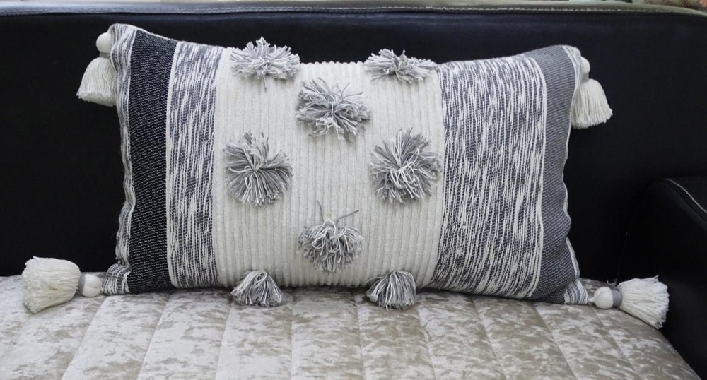 14" X 24" White and Gray Striped Cotton Blend Lumbar Throw Pillow With Pom-poms and Tassels — view 1