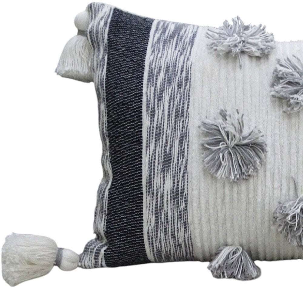 14" X 24" White and Gray Striped Cotton Blend Lumbar Throw Pillow With Pom-poms and Tassels — view 5
