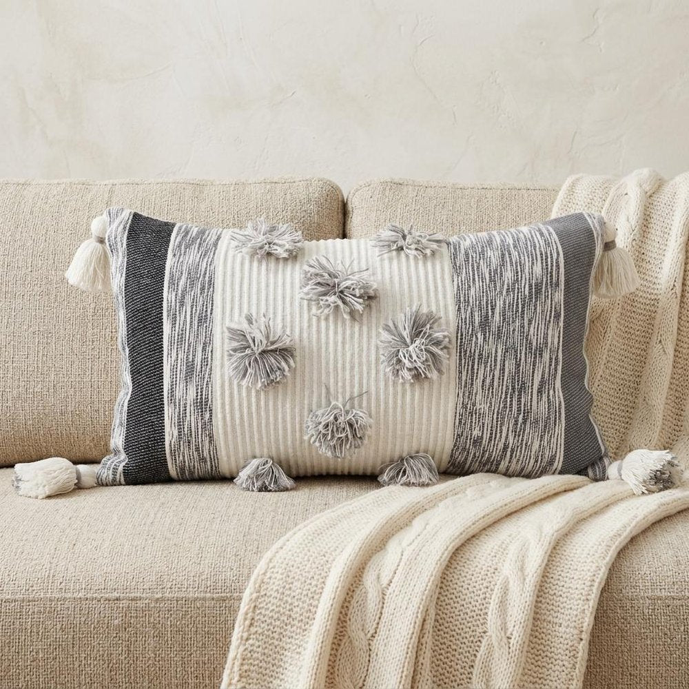 14" X 24" White and Gray Striped Cotton Blend Lumbar Throw Pillow With Pom-poms and Tassels — view 7