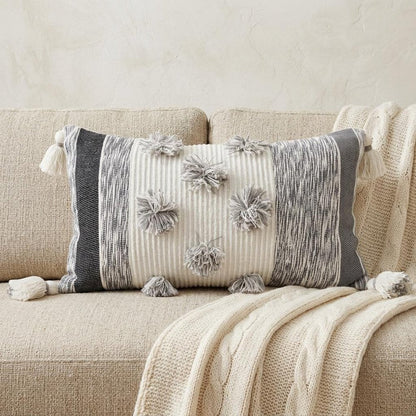 14" X 24" White and Gray Striped Cotton Blend Lumbar Throw Pillow With Pom-poms and Tassels