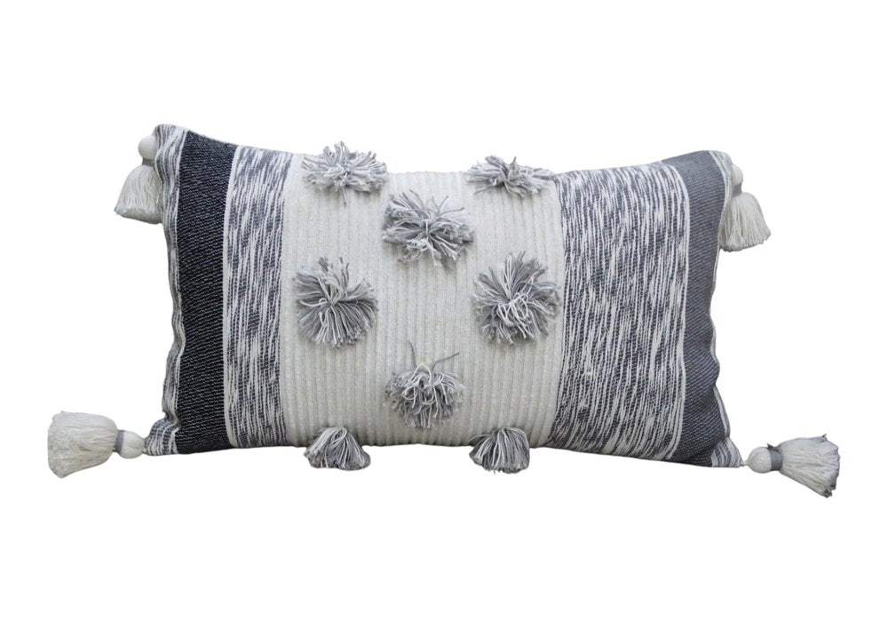 14" X 24" White and Gray Striped Cotton Blend Lumbar Throw Pillow With Pom-poms and Tassels — view 2