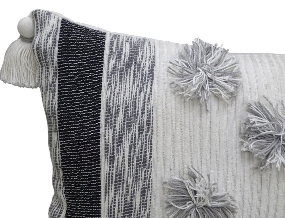 14" X 24" White and Gray Striped Cotton Blend Lumbar Throw Pillow With Pom-poms and Tassels — view 3