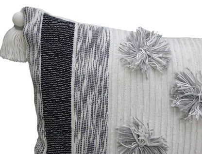 14" X 24" White and Gray Striped Cotton Blend Lumbar Throw Pillow With Pom-poms and Tassels