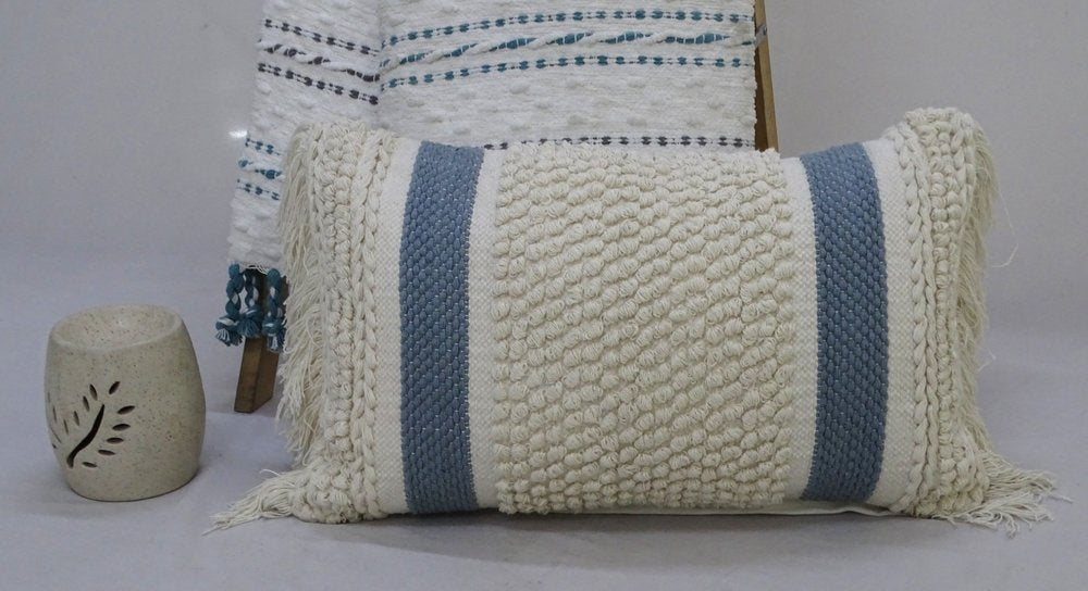 14" X 24" Cream And Light Blue Handmade Nubby Texture Throw Pillow With Fringe — view 1