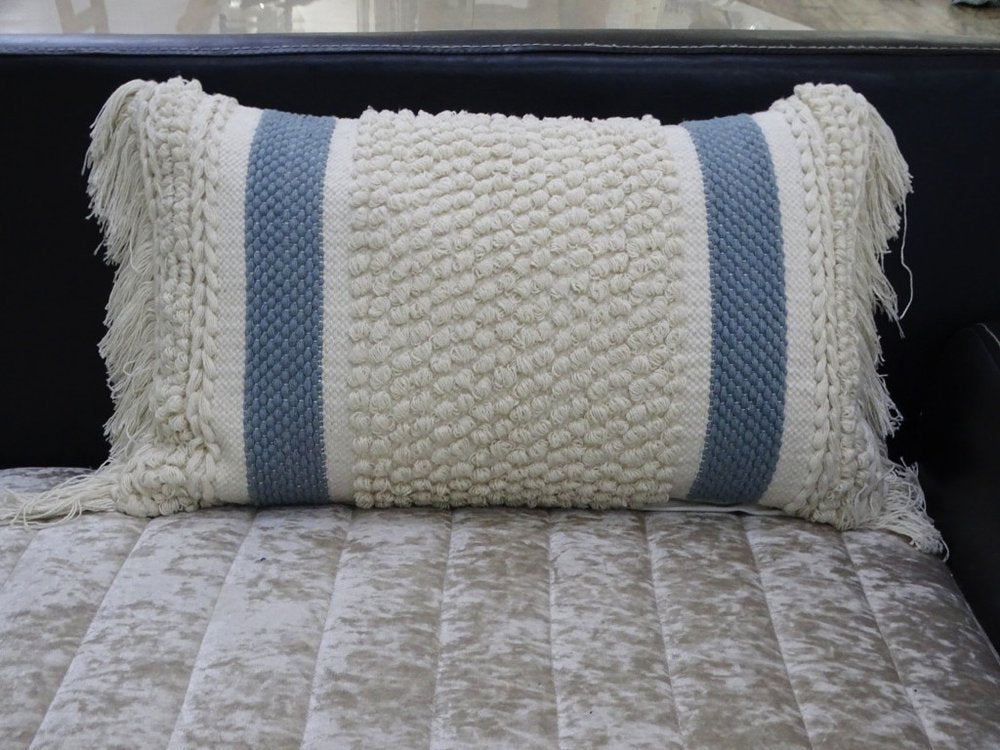 14" X 24" Cream And Light Blue Handmade Nubby Texture Throw Pillow With Fringe — view 2