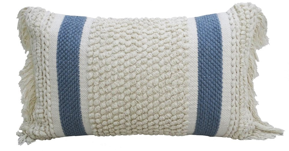 14" X 24" Cream And Light Blue Handmade Nubby Texture Throw Pillow With Fringe — view 3