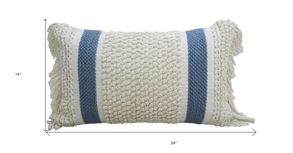 14" X 24" Cream And Light Blue Handmade Nubby Texture Throw Pillow With Fringe — view 4