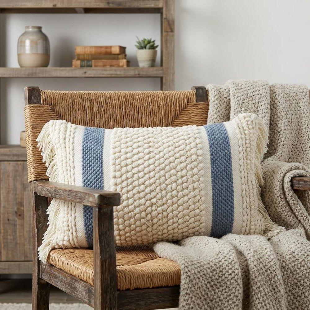 14" X 24" Cream And Light Blue Handmade Nubby Texture Throw Pillow With Fringe