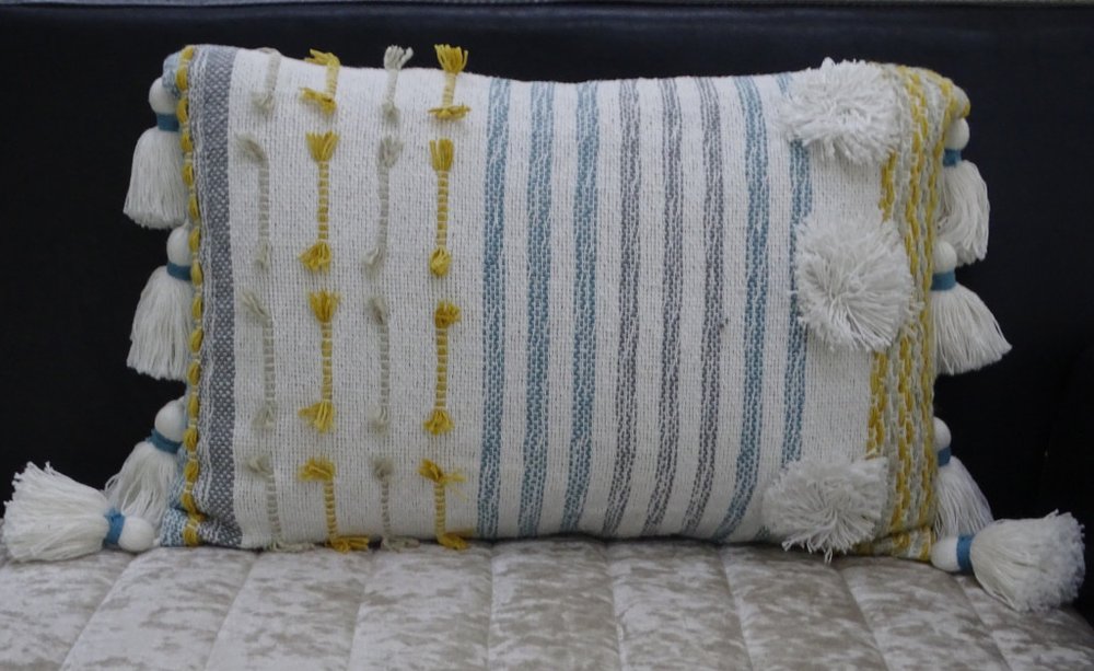 14" X 20" Blue and Yellow Striped Cotton Blend Zippered Pillow With Tassels — view 4