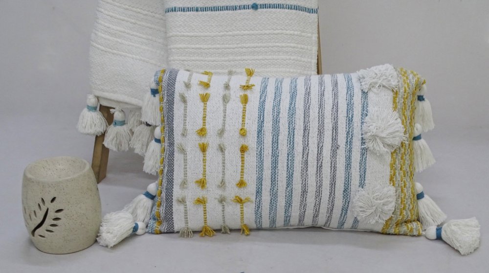 14" X 20" Blue and Yellow Striped Cotton Blend Zippered Pillow With Tassels — view 5