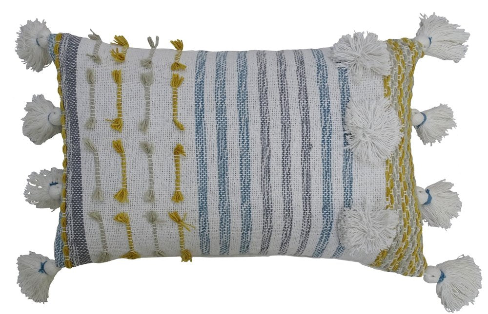 14" X 20" Blue and Yellow Striped Cotton Blend Zippered Pillow With Tassels — view 2