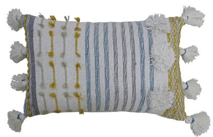 14" X 20" Blue and Yellow Striped Cotton Blend Zippered Pillow With Tassels