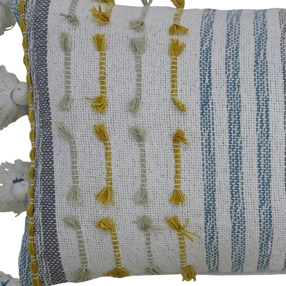 14" X 20" Blue and Yellow Striped Cotton Blend Zippered Pillow With Tassels — view 3