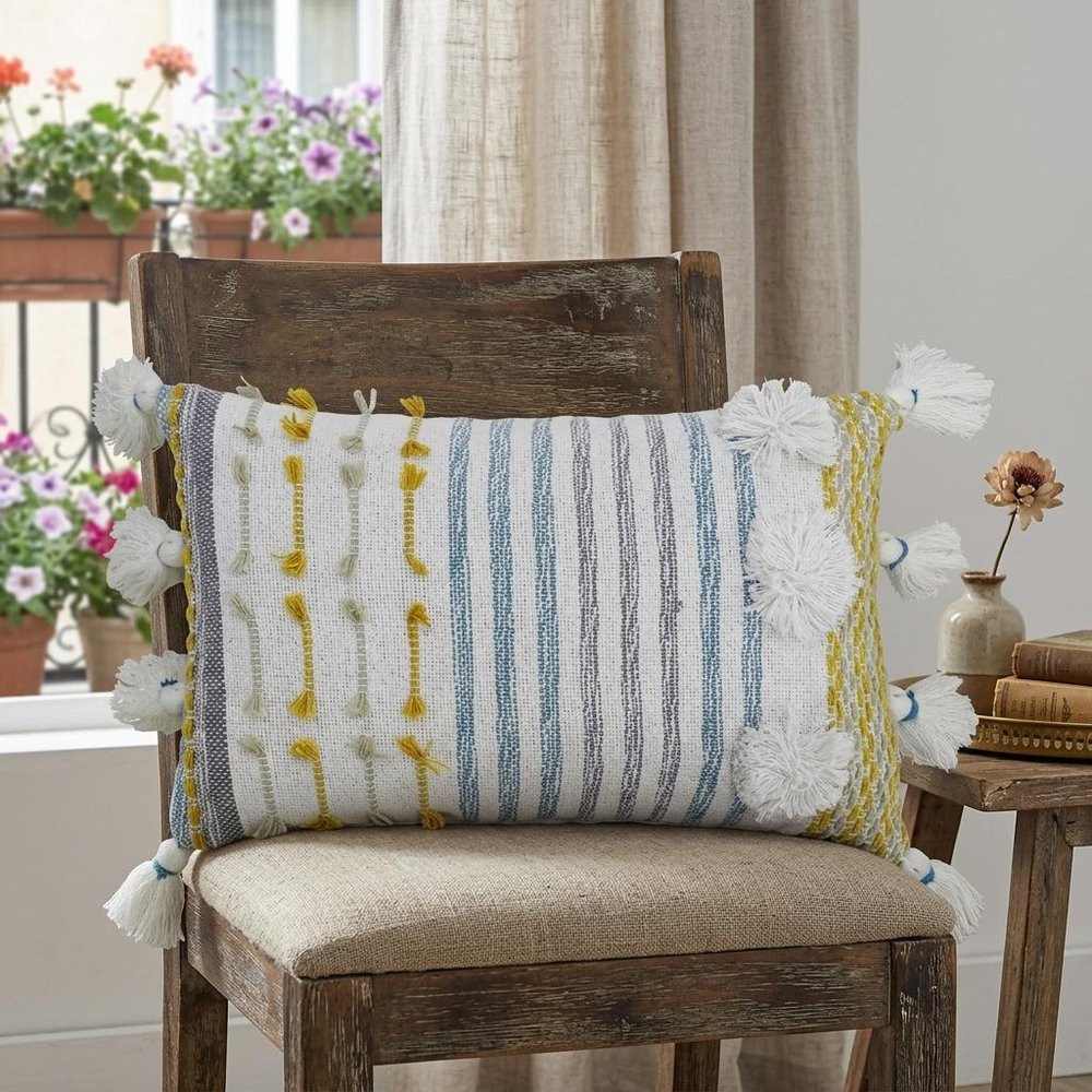 14" X 20" Blue and Yellow Striped Cotton Blend Zippered Pillow With Tassels — view 1
