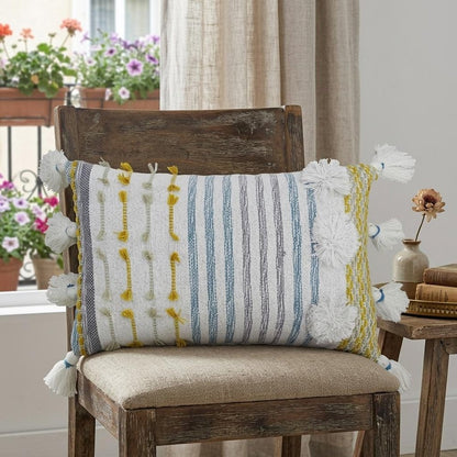 14" X 20" Blue and Yellow Striped Cotton Blend Zippered Pillow With Tassels