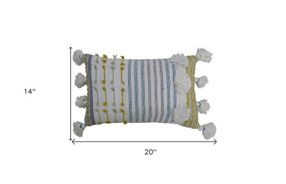 14" X 20" Blue and Yellow Striped Cotton Blend Zippered Pillow With Tassels