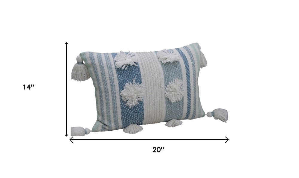 14" X 20" Cream and Blue Striped Cotton Blend Lumbar Throw Pillow With Pom-poms and Tassels — view 4