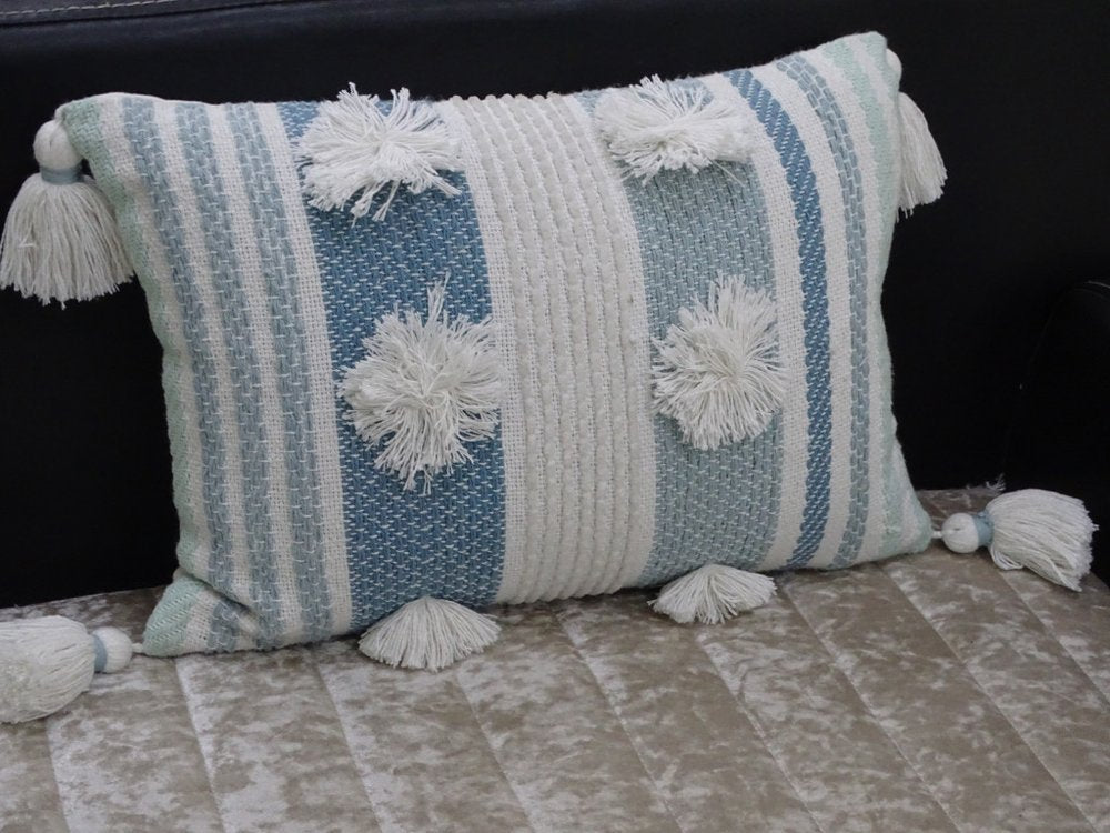 14" X 20" Cream and Blue Striped Cotton Blend Lumbar Throw Pillow With Pom-poms and Tassels