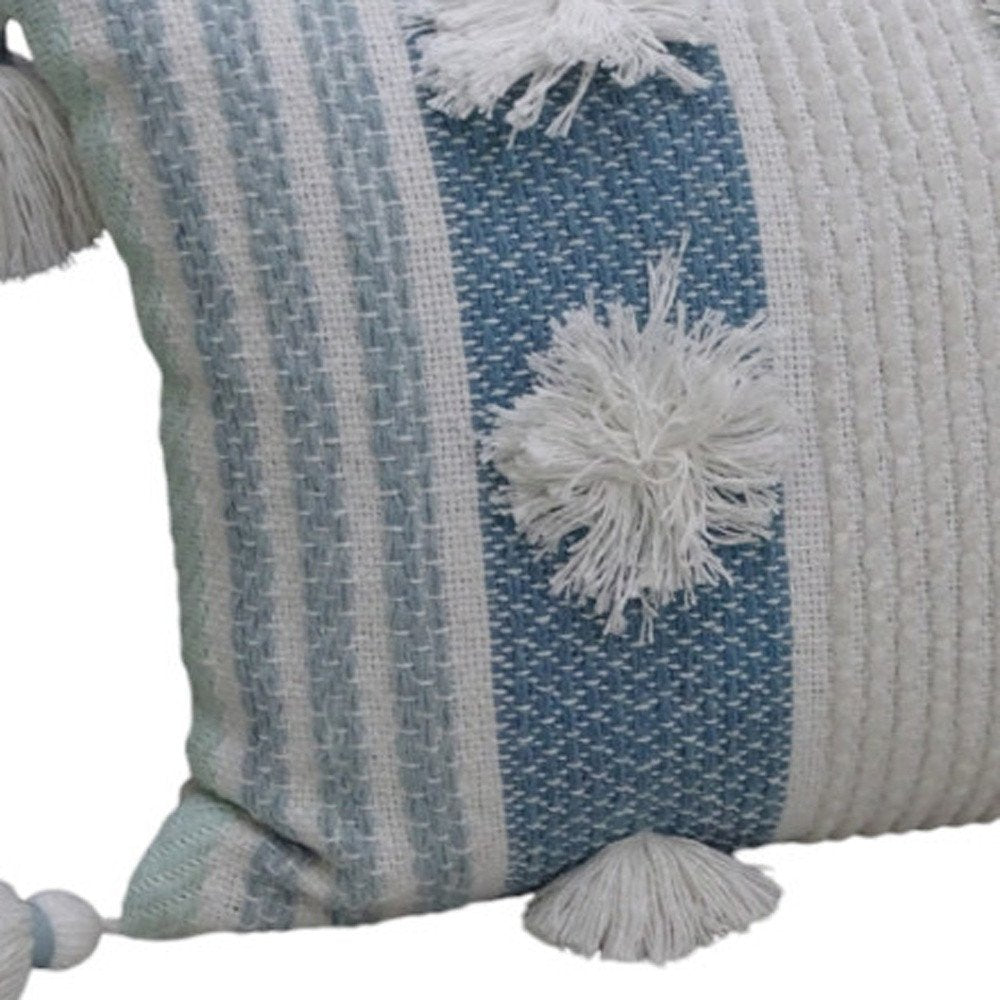 14" X 20" Cream and Blue Striped Cotton Blend Lumbar Throw Pillow With Pom-poms and Tassels — view 5