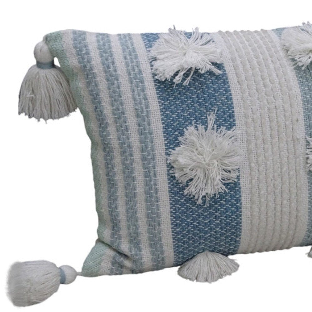 14" X 20" Cream and Blue Striped Cotton Blend Lumbar Throw Pillow With Pom-poms and Tassels — view 6