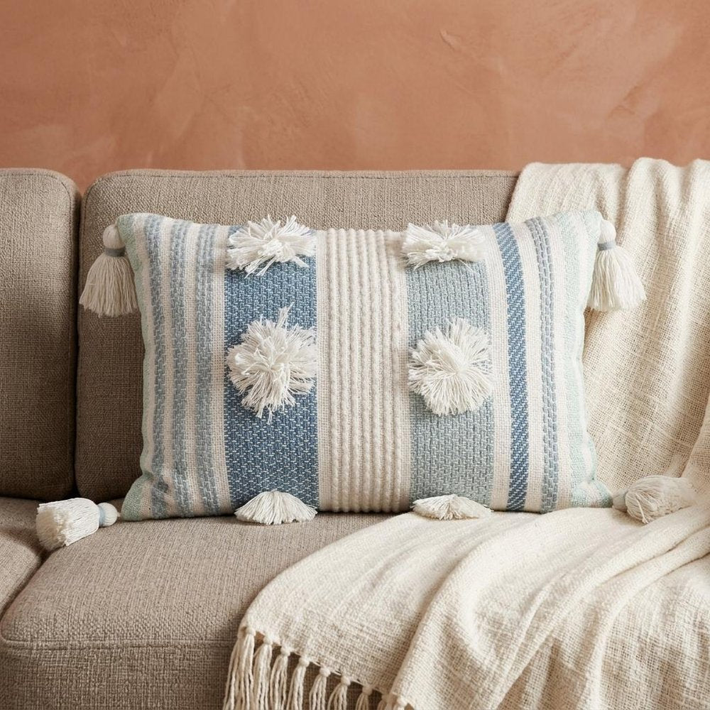 14" X 20" Cream and Blue Striped Cotton Blend Lumbar Throw Pillow With Pom-poms and Tassels — view 7