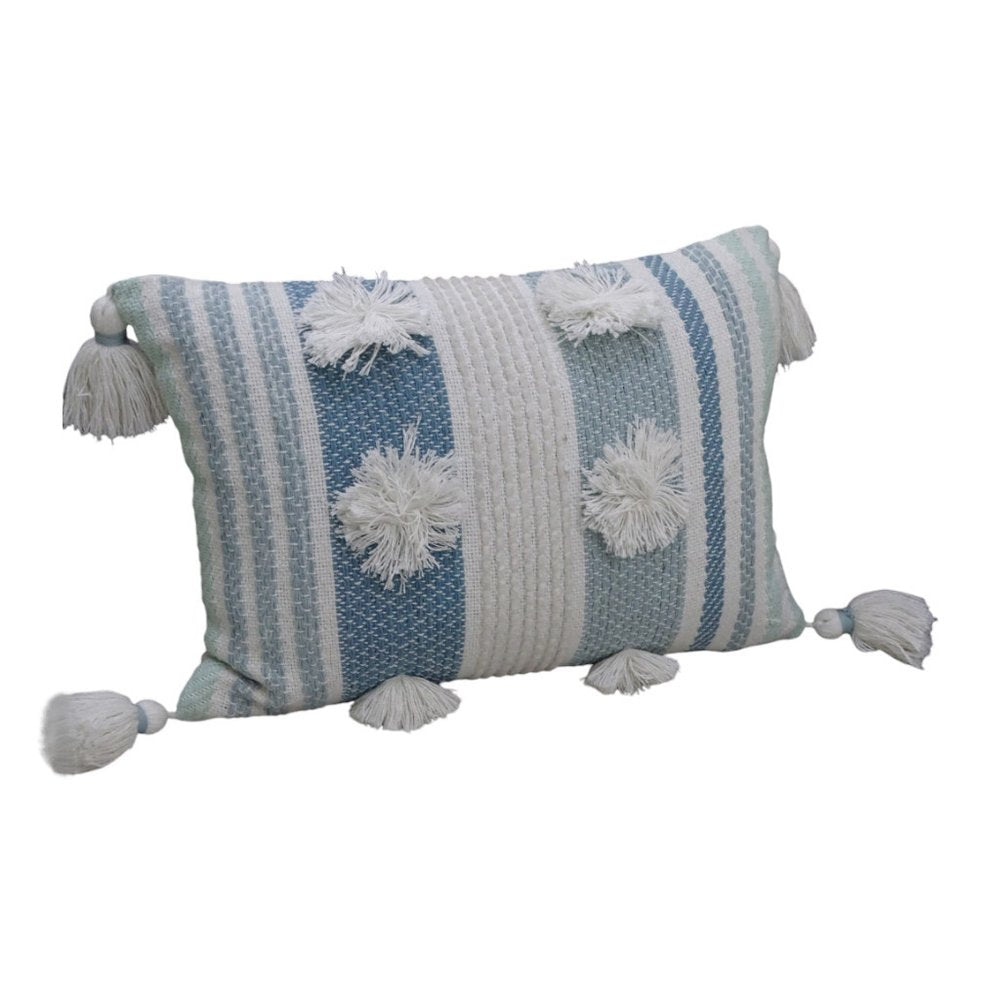 14" X 20" Cream and Blue Striped Cotton Blend Lumbar Throw Pillow With Pom-poms and Tassels