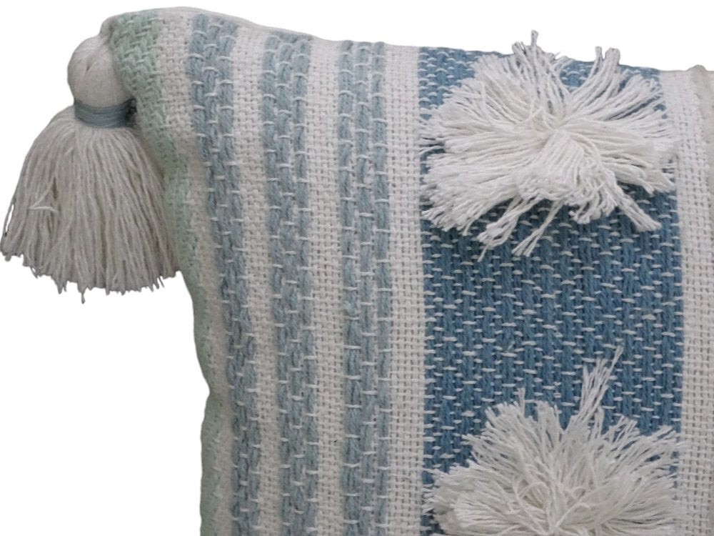 14" X 20" Cream and Blue Striped Cotton Blend Lumbar Throw Pillow With Pom-poms and Tassels — view 3