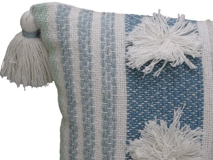 14" X 20" Cream and Blue Striped Cotton Blend Lumbar Throw Pillow With Pom-poms and Tassels