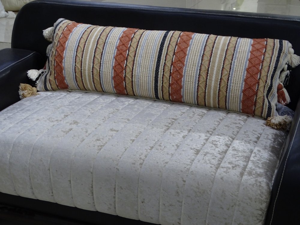 14" X 40" Tan And Beige Trellis Zippered Handmade Cotton Blend Throw Pillow With Tassels — view 4