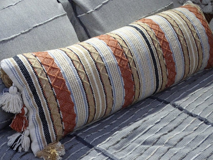 14" X 40" Tan And Beige Trellis Zippered Handmade Cotton Blend Throw Pillow With Tassels
