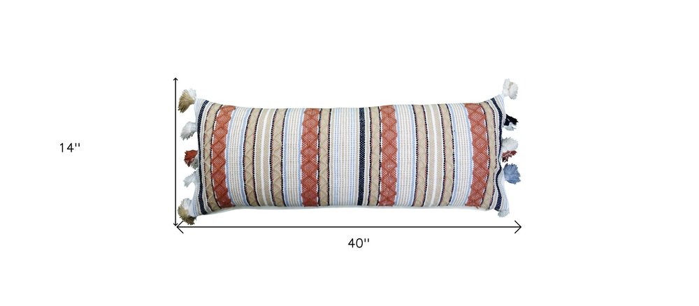 14" X 40" Tan And Beige Trellis Zippered Handmade Cotton Blend Throw Pillow With Tassels — view 5