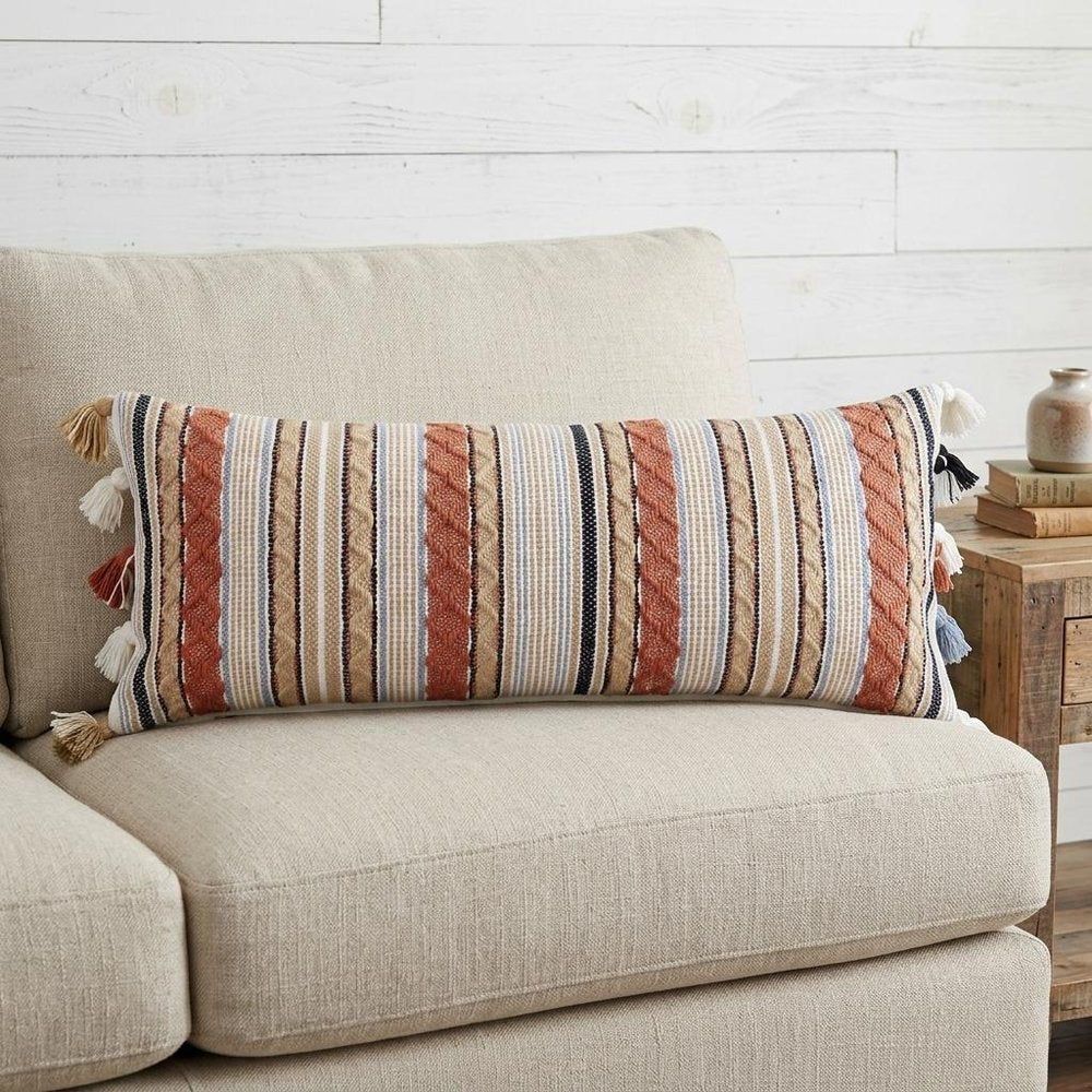 14" X 40" Tan And Beige Trellis Zippered Handmade Cotton Blend Throw Pillow With Tassels — view 1