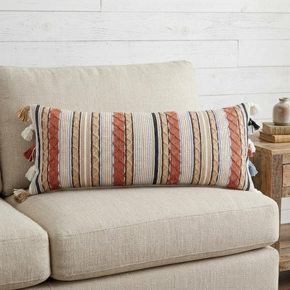 14" X 40" Tan And Beige Trellis Zippered Handmade Cotton Blend Throw Pillow With Tassels