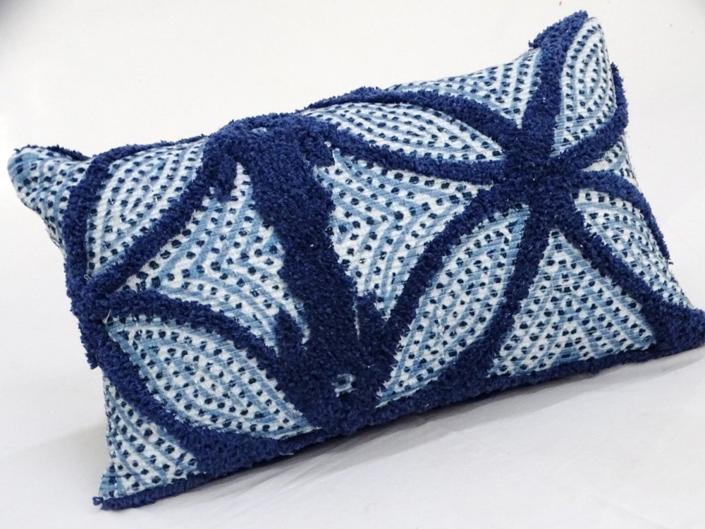 14" X 24" Blue And Light Blue Zippered Cotton Blend Trellis Throw Pillow