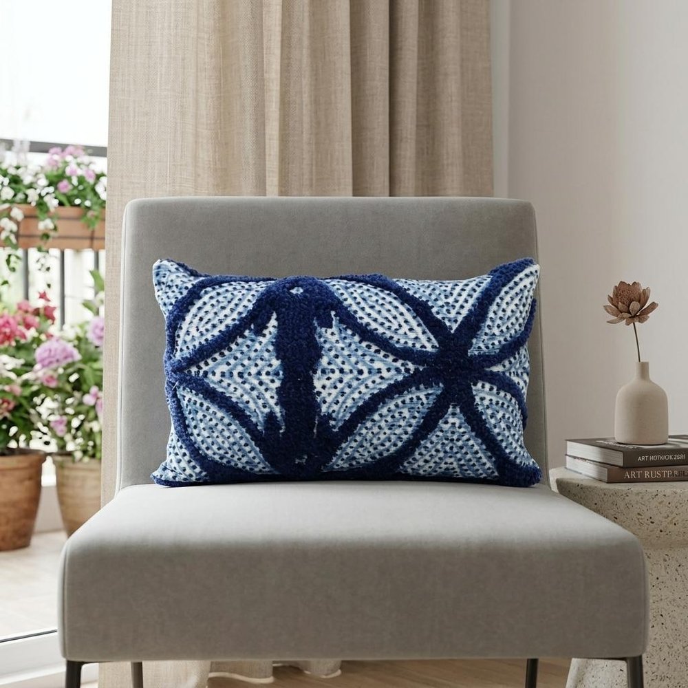 14" X 24" Blue And Light Blue Zippered Cotton Blend Trellis Throw Pillow — view 14