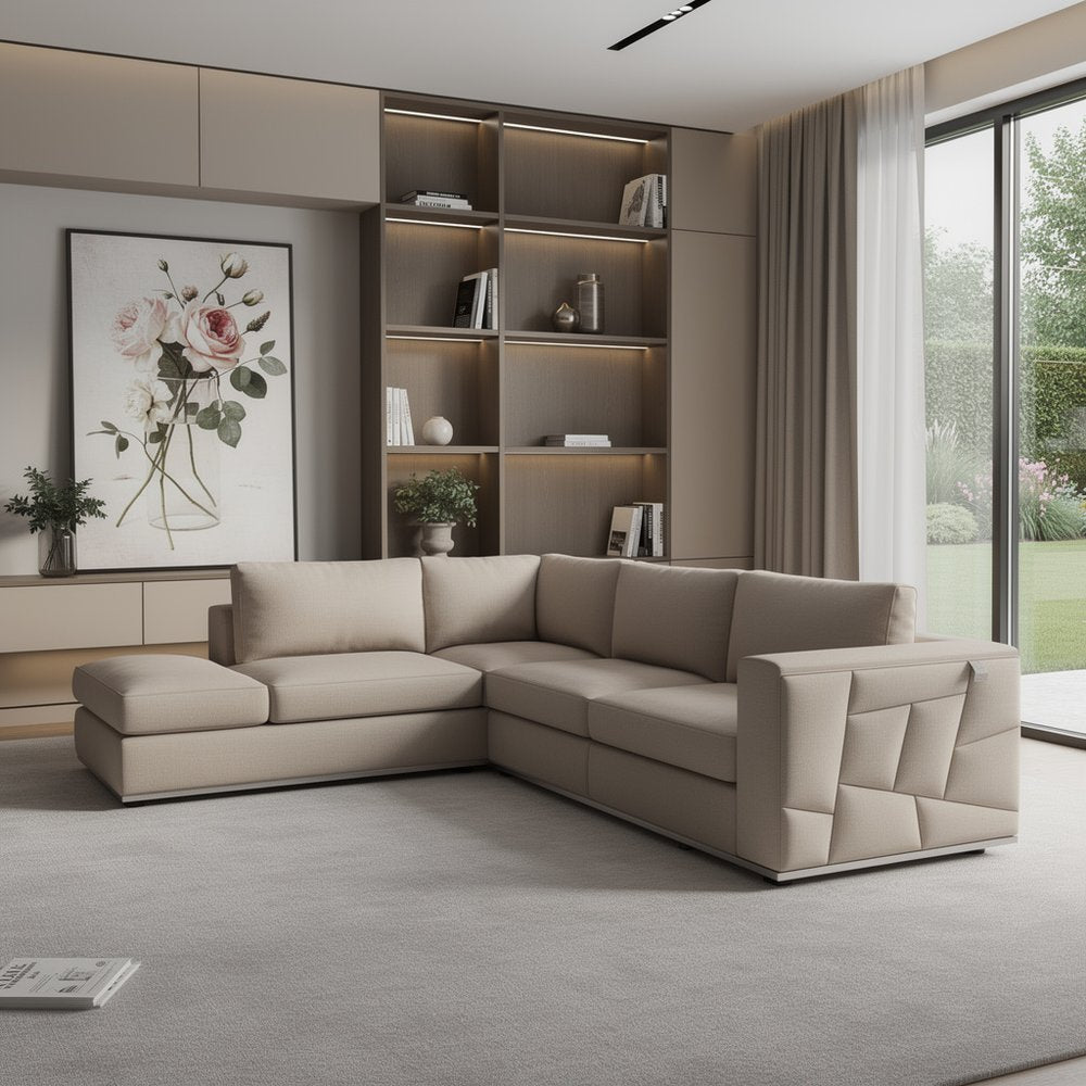 Beige Italian Leather Reclining L Shaped Two Piece Corner Sectional HomeRoots