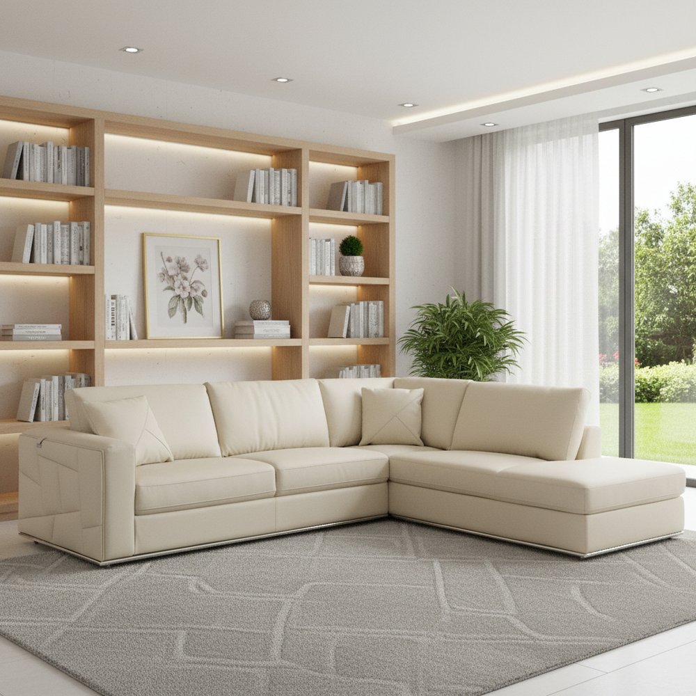 Beige Italian Leather Reclining L Shaped Two Piece Corner Sectional HomeRoots