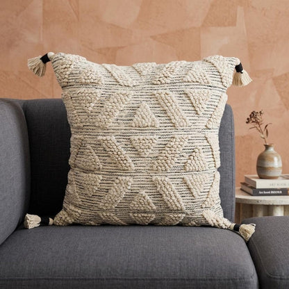22" X 22" Off White Geometric Zippered Handmade Cotton Blend Throw Pillow With Tassels