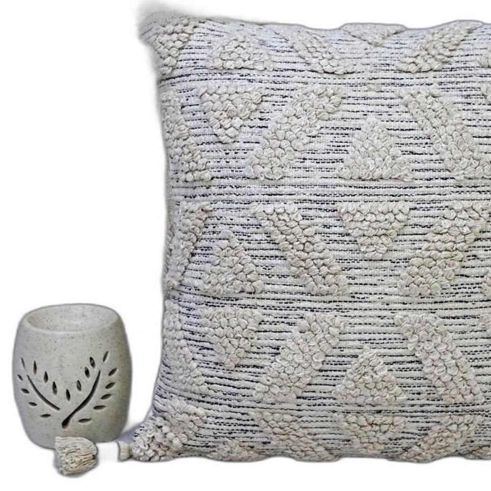 22" X 22" Off White Geometric Zippered Handmade Cotton Blend Throw Pillow With Tassels — view 4