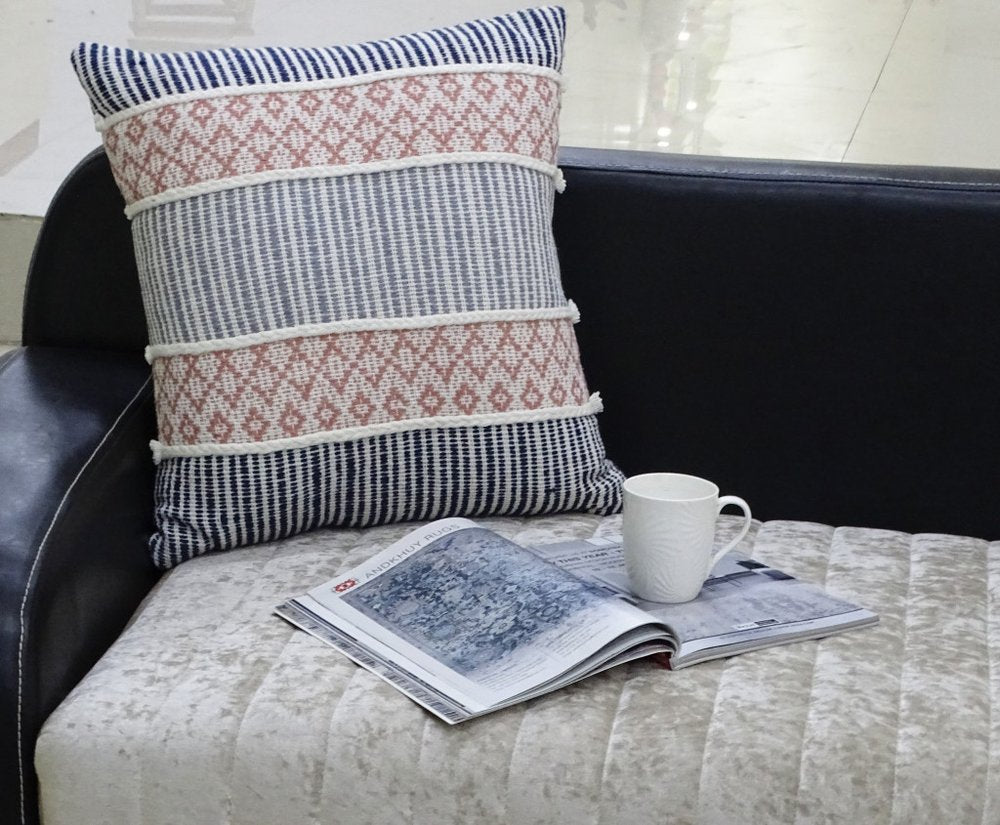 22" X 22" Blue And Peach Trellis Zippered Cotton Blend Throw Pillow With Embroidery